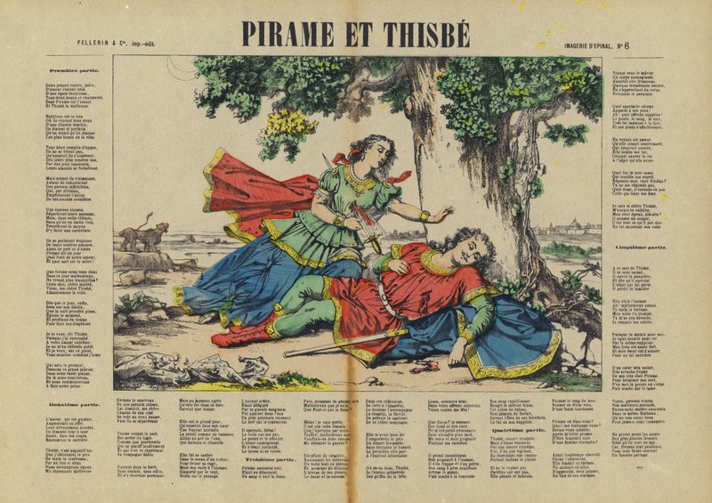 Pyramus i Thisbe (kolorowa litografia) autorstwa French School