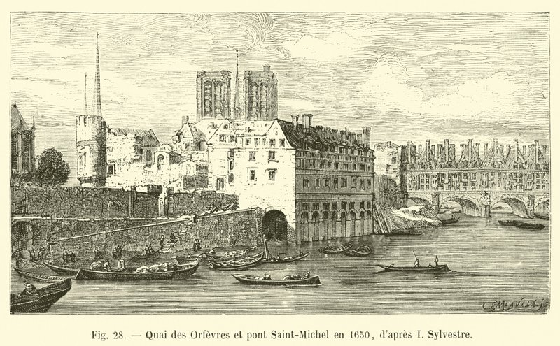 Quai des Orfevres i Pont Saint-Michel w 1650, po I Sylvestre autorstwa French School