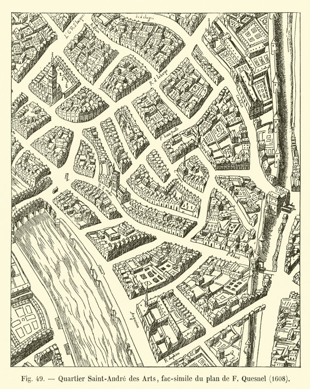 Dzielnica Saint-Andre des Arts, faksymile planu F Quesnela, 1608 autorstwa French School