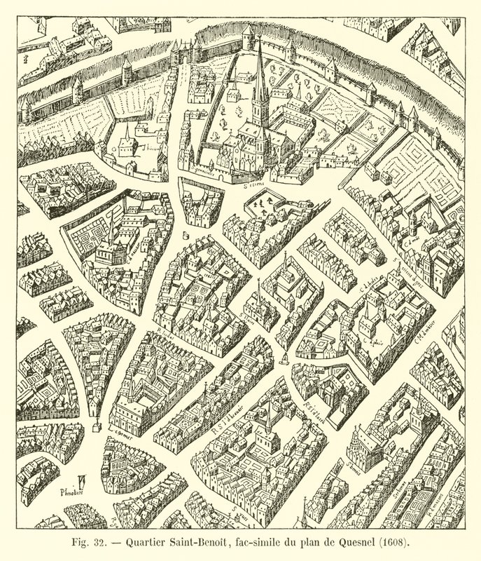 Dzielnica Saint-Benoit, faksymile mapy Quesnel, 1608 autorstwa French School
