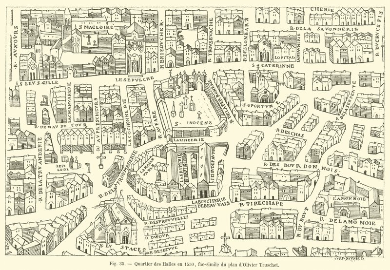 Dzielnica Les Halles w 1550 r., faksymile planu Oliviera Truscheta autorstwa French School