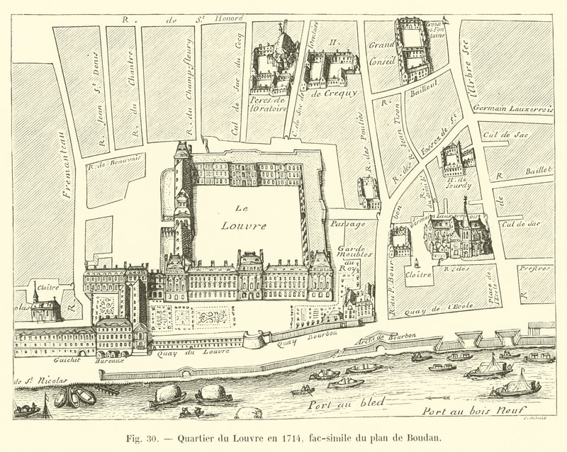 Dzielnica Luwru w 1714 r., faksymile planu Boudana autorstwa French School
