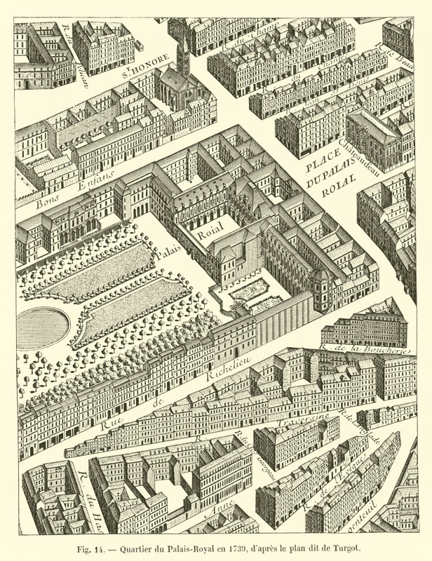 Dzielnica Palais-Royal w 1739 r. według tzw. planu Turgota autorstwa French School
