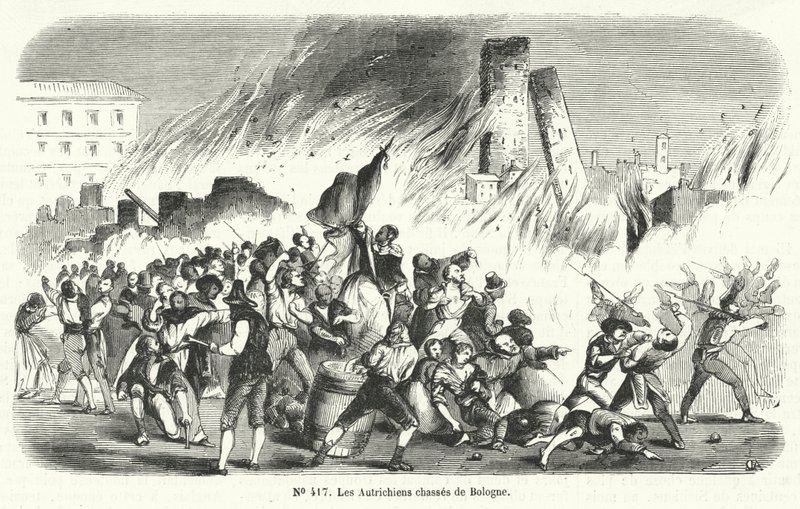 Rebelianci wypędzający Austriaków z Bolonii we Włoszech, 1848 r autorstwa French School