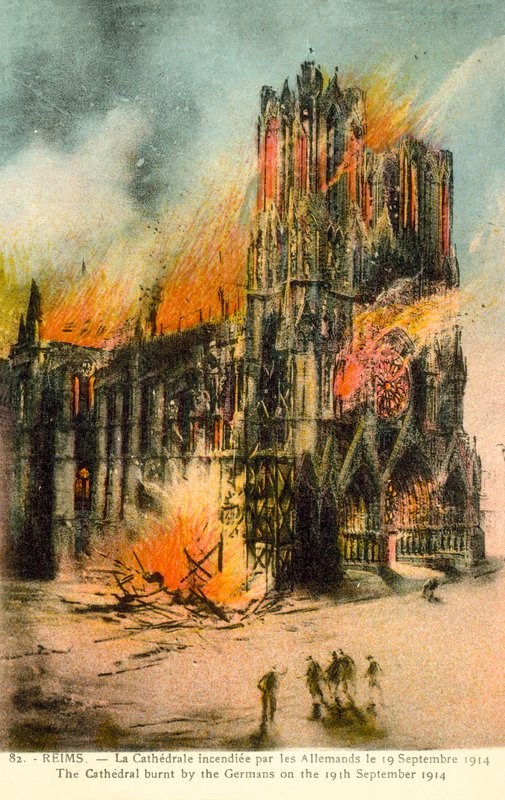 Reims, Katedra spalona przez Niemców 19 września 1914 (kolor lito) autorstwa French School