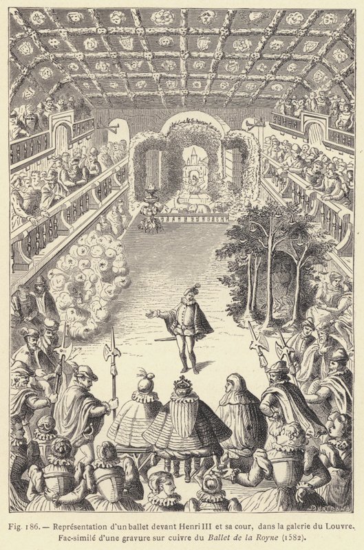 Przedstawienie baletu przed Henrykiem III i jego dworem, w galerii Luwru (rycina) autorstwa French School