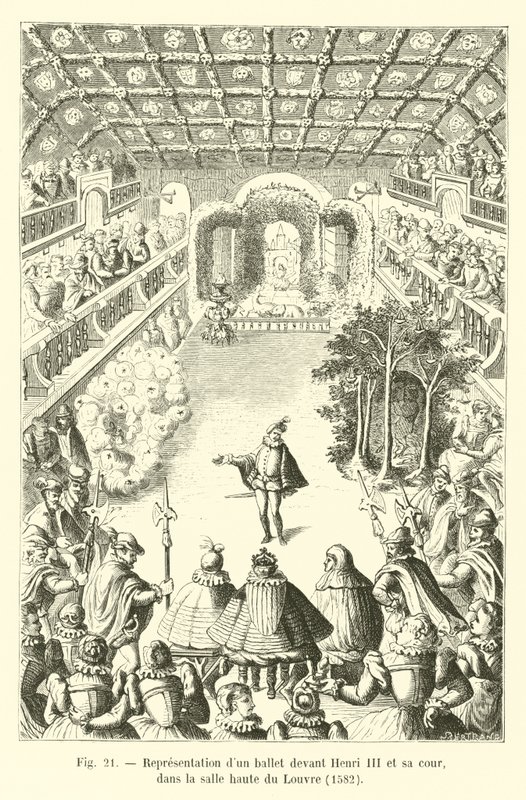 Wykonanie baletu przed Henrykiem III i jego dworem, w górnej sali Luwru, 1582 autorstwa French School
