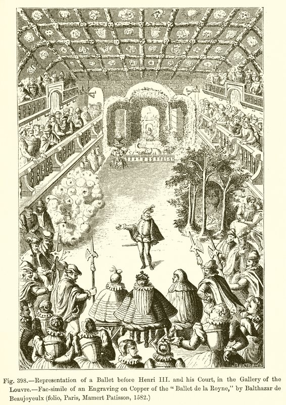 Reprezentacja baletu przed Henrykiem III i jego dworem w Galerii Luwru autorstwa French School