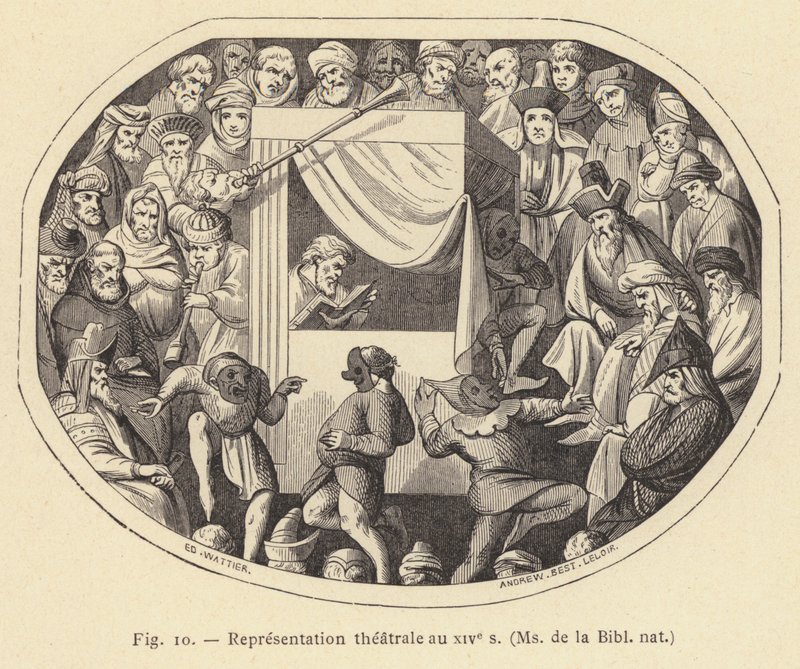 Przedstawienie teatralne w XIV wieku, Pani de la Bibl nat (rycina) autorstwa French School