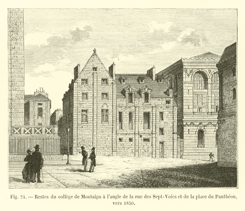 Pozostałości kolegium Montaigu na rogu rue des Sept-Voies i place du Pantheon, około 1850 r. autorstwa French School
