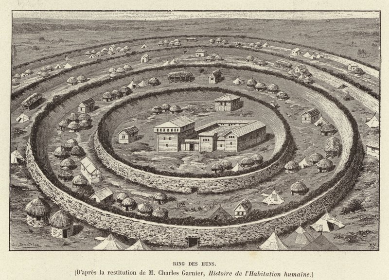 Ring des Huns. Fortyfikacje pierścieniowe chroniące osadę Hunów (rycina) autorstwa French School
