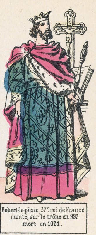Robert Pobożny, 37 król Francji, wstąpił na tron ​​w 997, zmarł w 1031 (kolorowa rycina) autorstwa French School