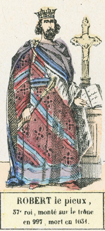 Robert Pobożny, 37 król, wstąpił na tron ​​w 997, zmarł w 1031 (kolorowa rycina) autorstwa French School