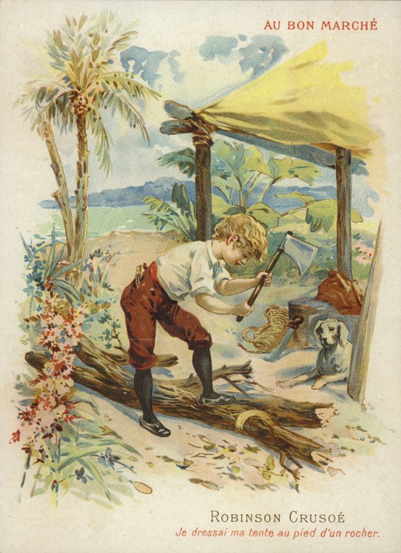 Robinson Crusoe rąbiący drewno opałowe autorstwa French School
