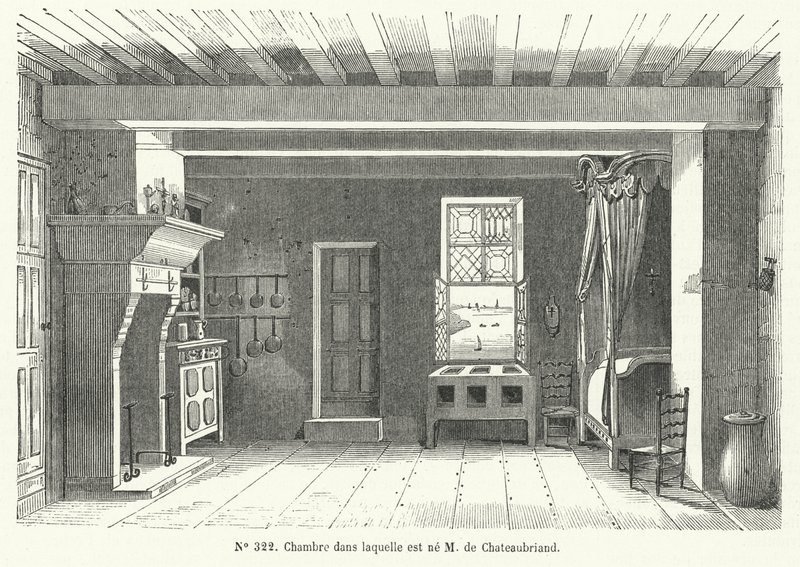 Pokój w Hotel de France w St Malo w Bretanii, w którym urodził się francuski pisarz i polityk Francois-Rene de Chateaubriand (grafika) autorstwa French School
