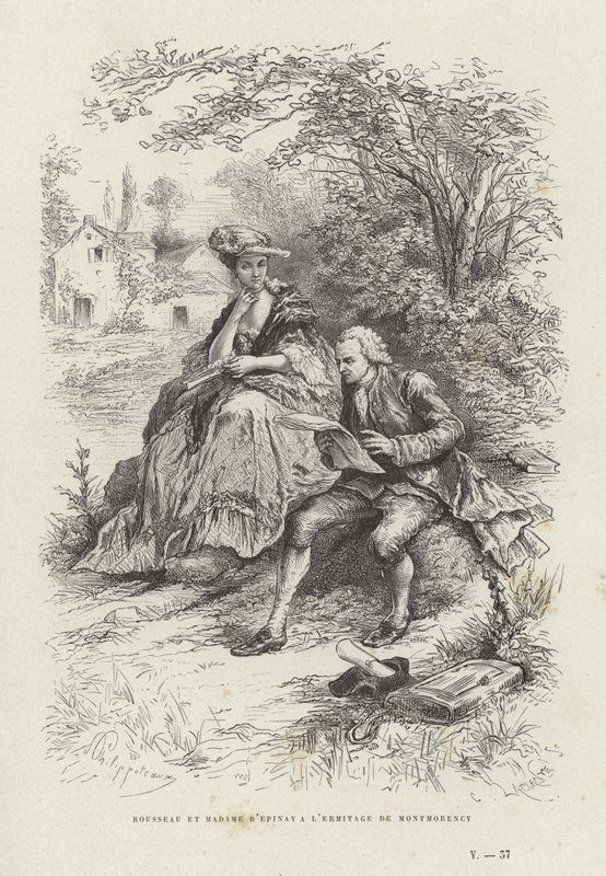 Rousseau i Madame Depinay w Ermitage de Montmorency autorstwa French School