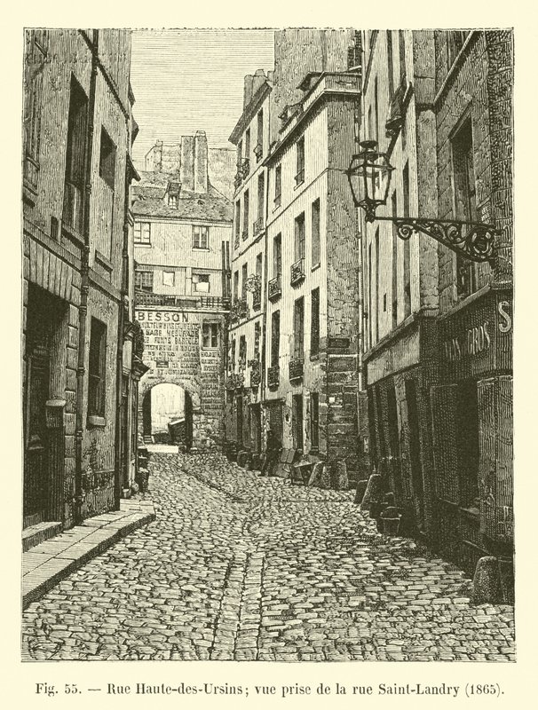 Rue Haute-des-Ursins; widok z rue Saint-Landry, 1865 autorstwa French School