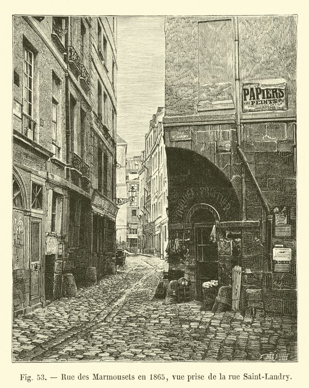 Rue des Marmousets w 1865 roku, widok z rue Saint-Landry autorstwa French School