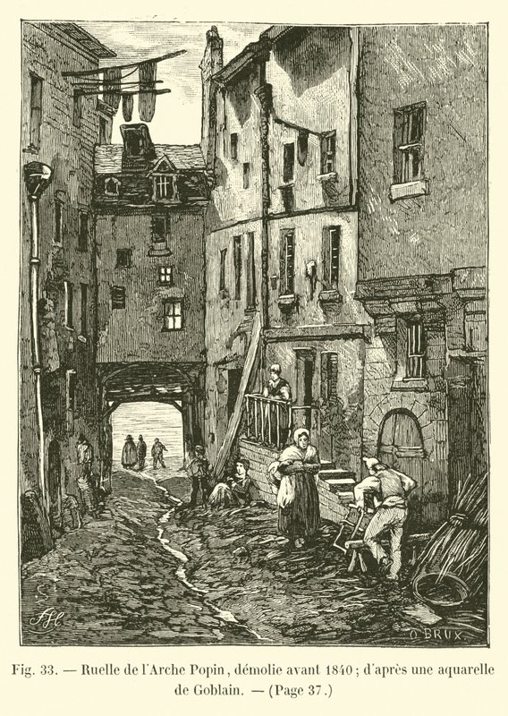 Ruelle de lArche Popin, rozebrany przed 1840; według akwareli Goblain autorstwa French School