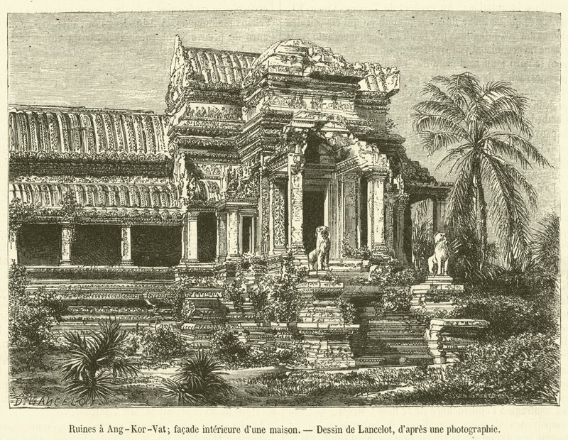 Ruiny w Angkor-Vat, wewnętrzna elewacja domu (grafika) autorstwa French School