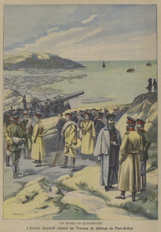 Rosyjski admirał Jewgienij Aleksiejew odwiedza obronę w budowie w Port Arthur w Mandżurii w przededniu wojny rosyjsko-japońskiej (kolor lito) autorstwa French School