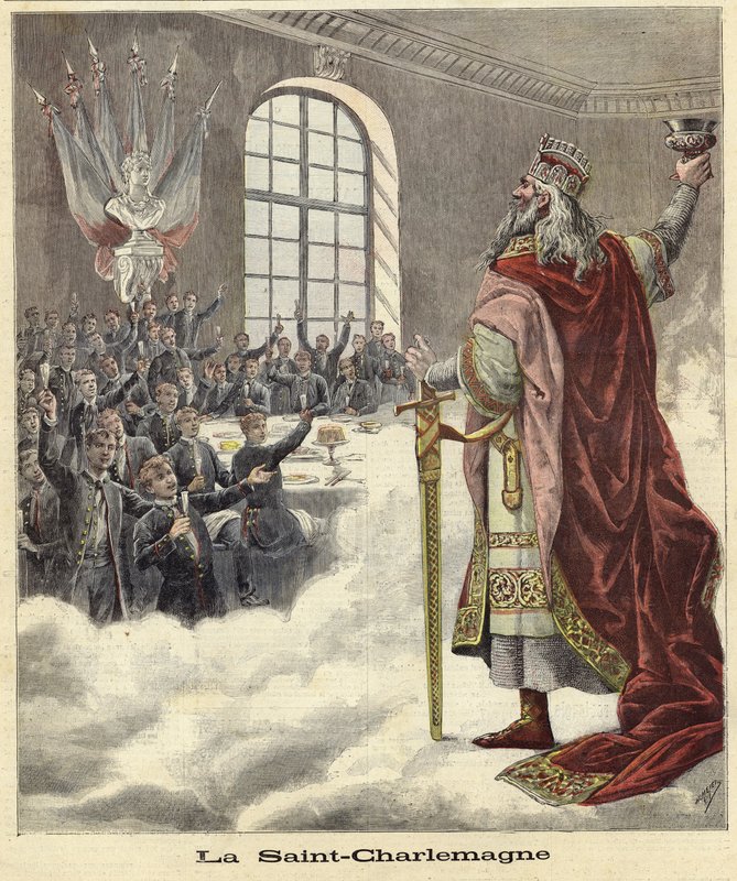 Święty Karol Wielki wznoszący kielich dla siedzących gości autorstwa French School