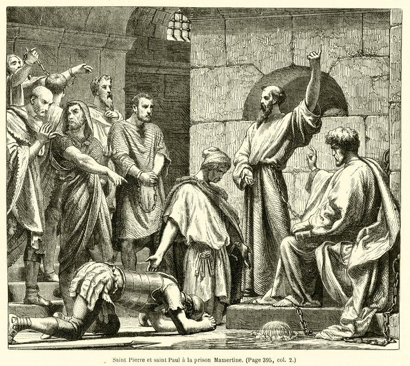 Św. Piotr i Paweł w więzieniu mamertynskim (rycina) autorstwa French School
