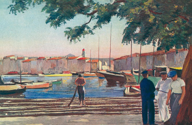 Saint Tropez: port (kolorowa litografia) autorstwa French School