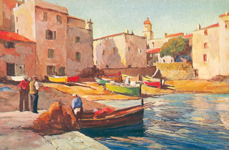 Saint Tropez: Stary port rybacki (kolorowa litografia) autorstwa French School