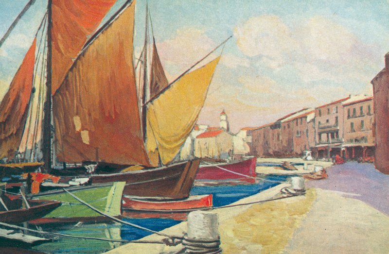 Saint Tropez: Żaglówka w porcie (kolorowa litografia) autorstwa French School
