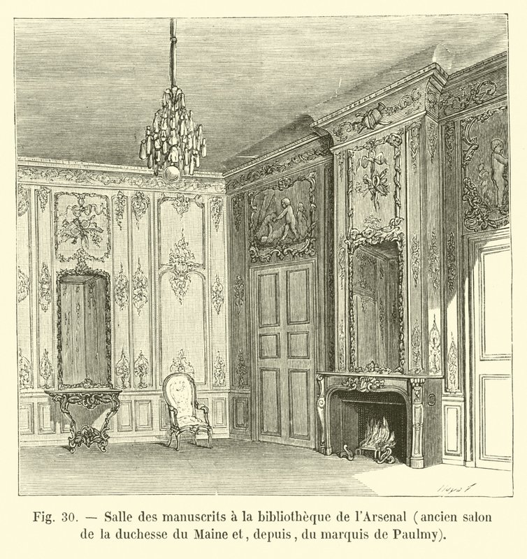 Sala rękopisów w bibliotece Arsenalu, dawny salon księżnej Maine i odtąd markiza de Paulmy autorstwa French School
