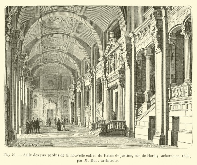 Salle des pas perdus przy nowym wejściu do Pałacu Sprawiedliwości, rue de Harlay, ukończony w 1868 roku przez architekta M Duca autorstwa French School