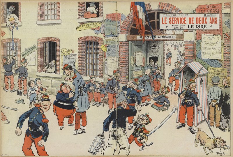Satyra na wprowadzenie poboru do armii francuskiej. Ilustracja do Le Rire (kolor lito) autorstwa French School