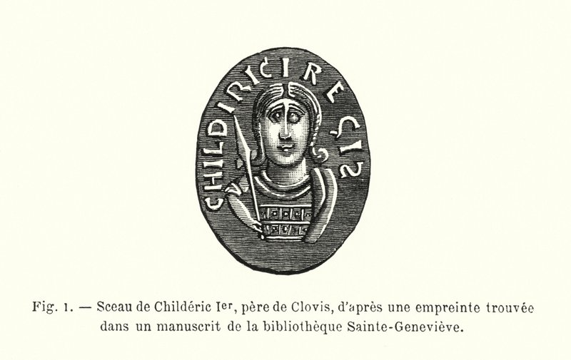 Pieczęć Childeryka I, ojca Clovisa, z odcisku znalezionego w rękopisie w bibliotece Sainte-Genevieve (rycina) autorstwa French School