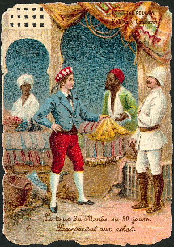 Scena z Osiemdziesiąt dni dookoła świata, autor: Jules Verne (chromolitho) autorstwa French School