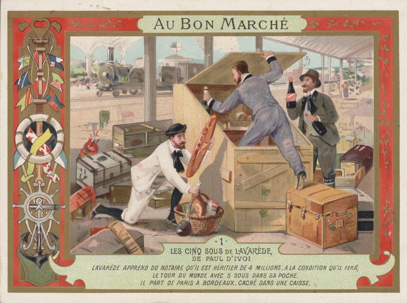 Scena z powieści Les Cinq Sous de Lavarede autorstwa Paula Ivoi (chromolitho) autorstwa French School