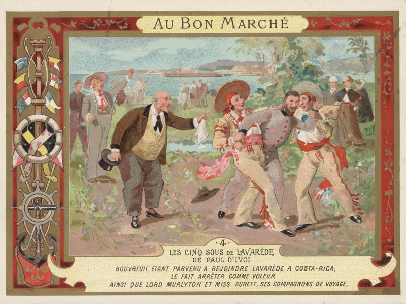 Scena z powieści Les Cinq Sous de Lavarede autorstwa Paula Ivoi (chromolitho) autorstwa French School