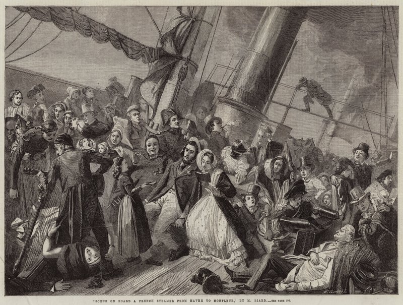 Scena na pokładzie francuskiego parowca z Hawru do Honfleur (grawerunek) autorstwa French School