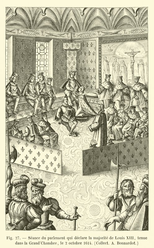 Sesja parlamentu, który ogłasza większość Ludwika XIII, odbyła się w Wielkiej Izbie, 2 października 1614, Collect A Bonnardot autorstwa French School