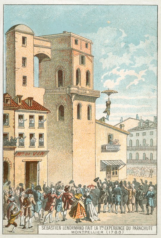 Sebastien Lenormand podczas pierwszego zejścia na spadochronie, Montpellier autorstwa French School