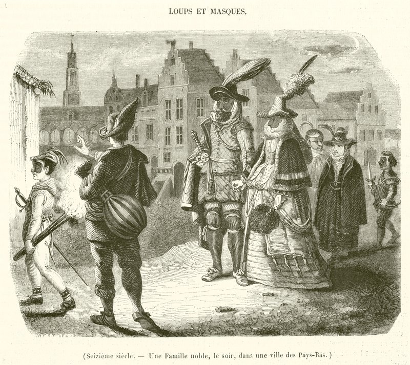 XVI wiek, Szlachecka rodzina wieczorem w mieście w Holandii (rycina) autorstwa French School