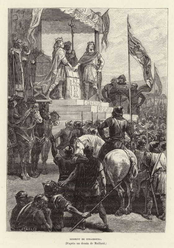 Serment de Strasbourg. Przysięgi Strasburga, sojusz Ludwika Niemieckiego i Karola Łysego, królów wschodniej i zachodniej Francji, 842 (rycina) autorstwa French School