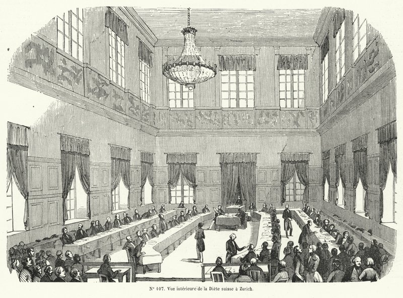 Sesja Tagatzung, Szwajcarskiego Sejmu Federalnego, w Zurychu (rycina) autorstwa French School