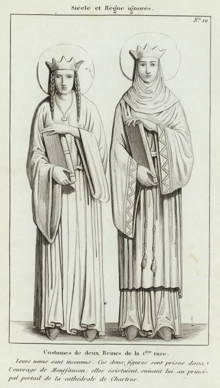 Century and Reign zignorowane, kostiumy dwóch królowych 1. rasy (grawerowanie) autorstwa French School