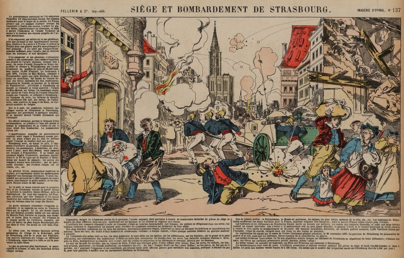 Oblężenie i bombardowanie Strasburga, wojna francusko-pruska, sierpień-wrzesień 1870 (kolorowy grawerunek) autorstwa French School