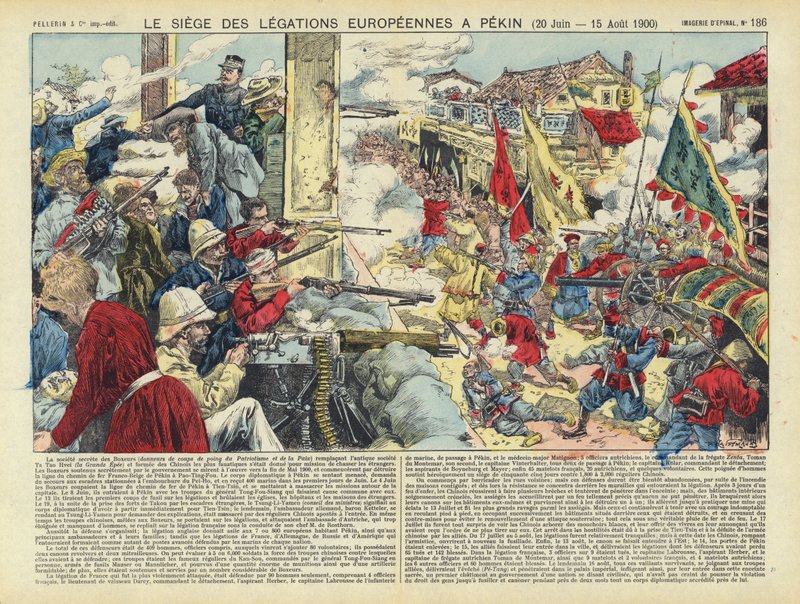Oblężenie europejskich przedstawicielstw w Pekinie, rebelia bokserów, Chiny, 20 czerwca - 15 sierpnia 1900 r. (kolorowa litografia) autorstwa French School