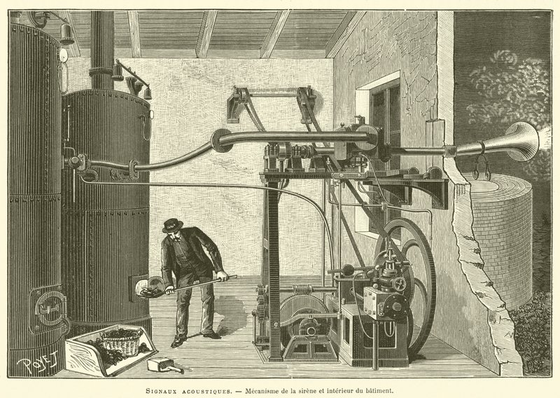 Sygnały akustyczne, mechanizm syreny i wnętrze budynku (grawerowanie) autorstwa French School