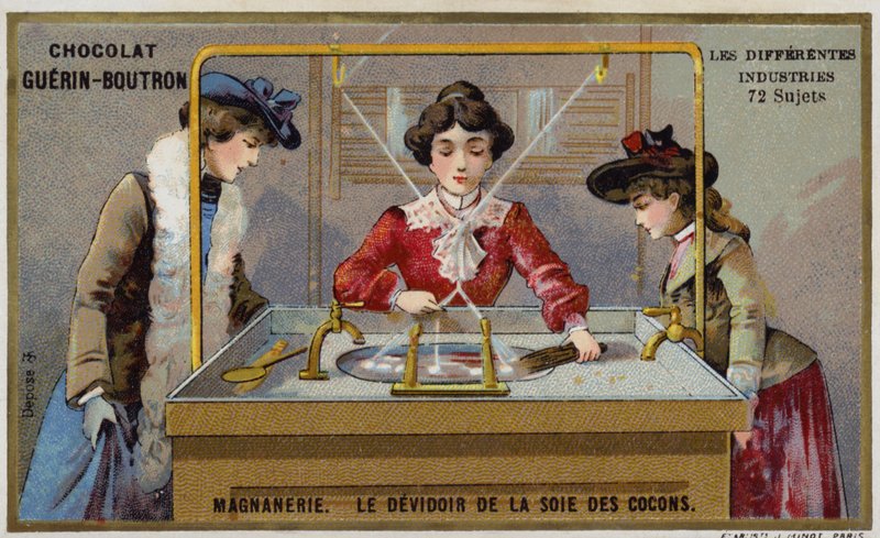 Produkcja jedwabiu. Nawijanie włókien na szpulę (chromolitho) autorstwa French School