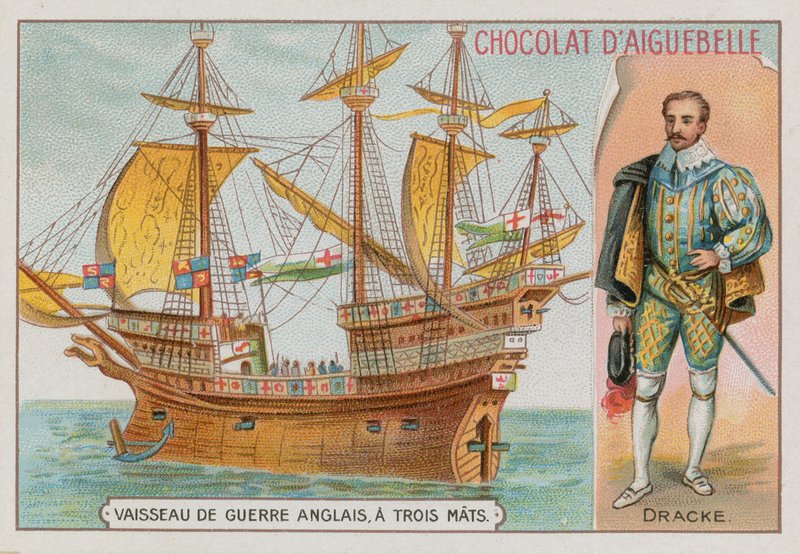 Sir Francis Drake i trzymasztowy angielski okręt wojenny autorstwa French School