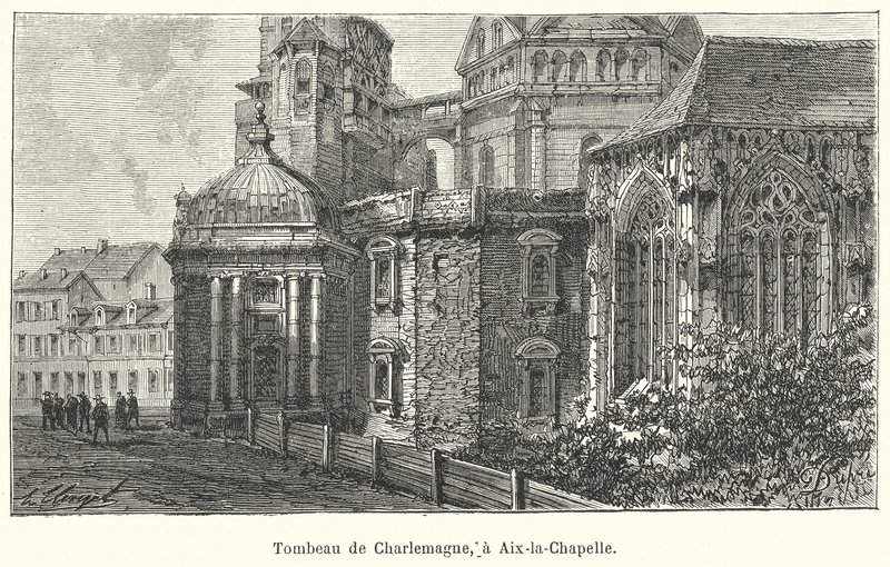 Miejsce grobu cesarza Karola Wielkiego, Katedra w Akwizgranie, Niemcy (rycina) autorstwa French School